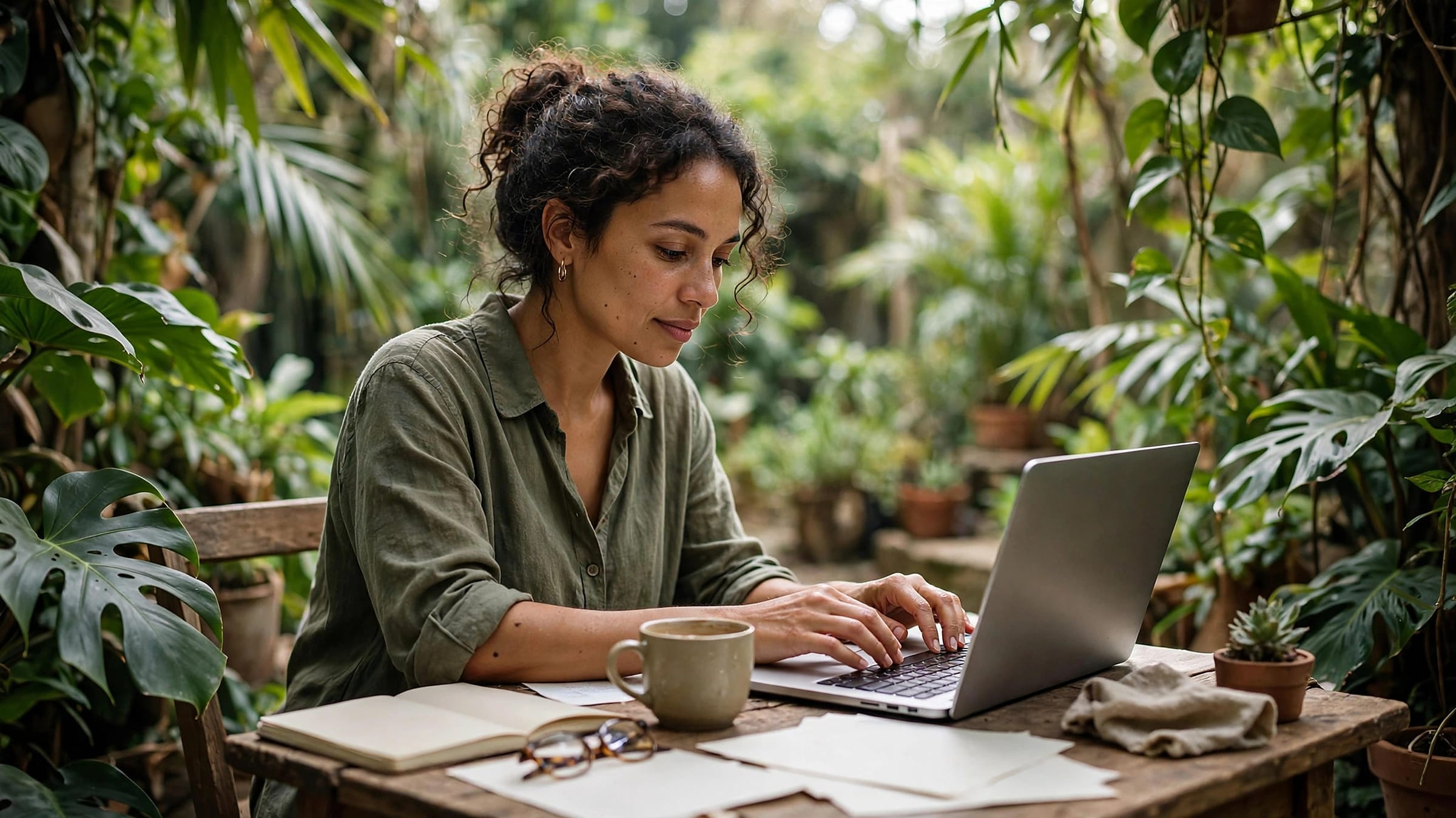 Frau tippt an einem Laptop, der auf einem Holztisch inmitten üppiger grüner Pflanzen steht, daneben Kaffeetasse und Notizbuch
